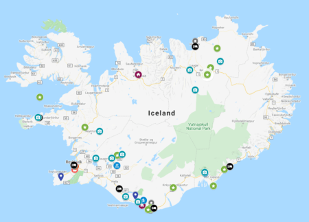 Mapa de atrações na Islândia