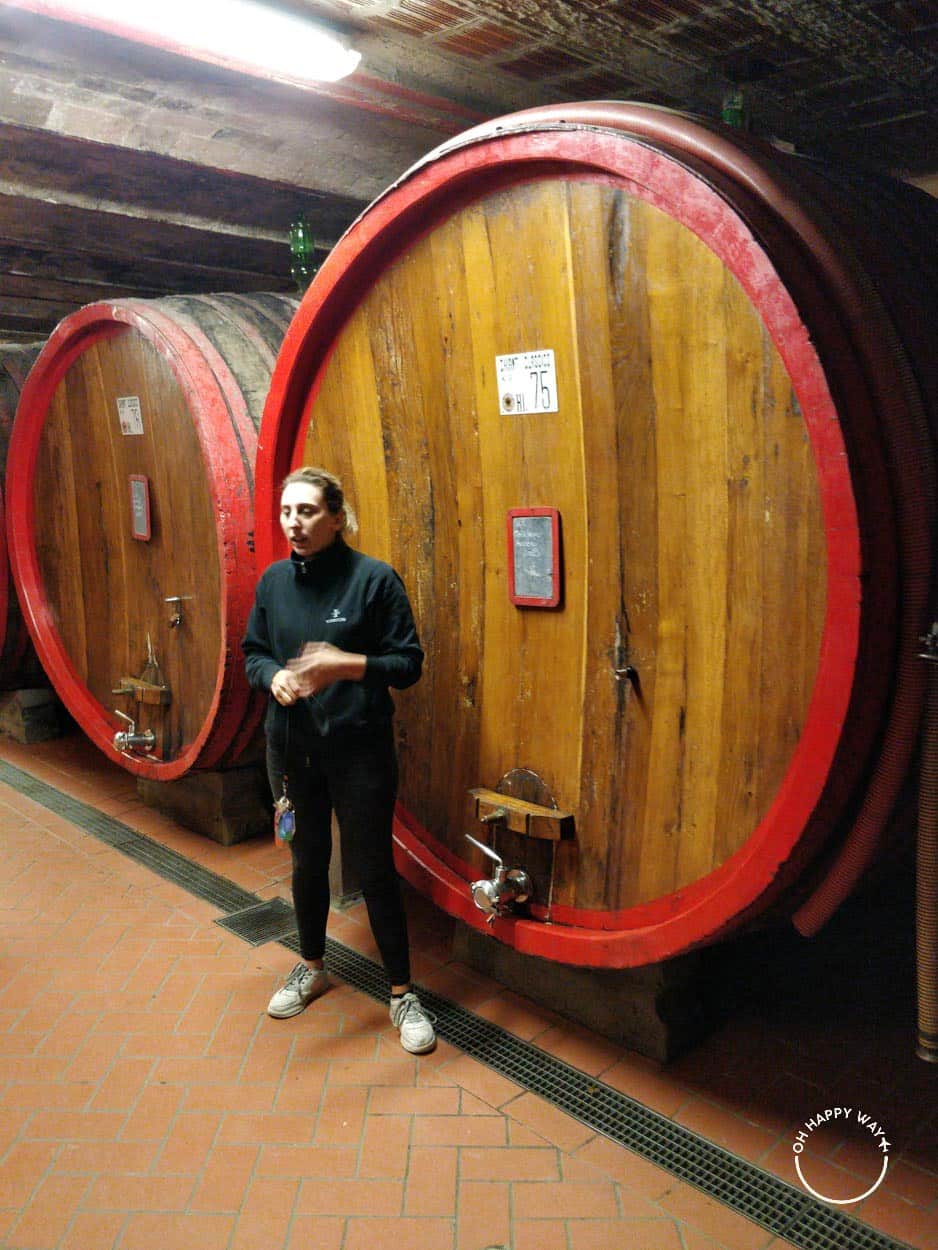 Vinhos da Toscana: Mulher em frente a um barril de vinho na vinícola Viticcio