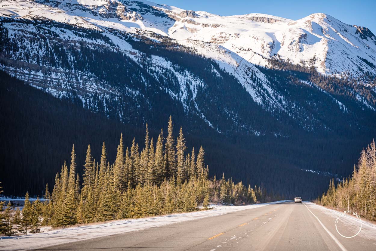 Estrada e montanhas no caminho de Calgary a Jasper, Canadá.